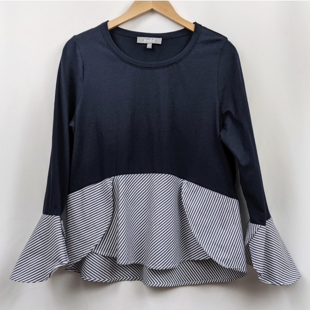 Marled Jersey Top Striped Flounce Hem Long Sleeve Tulip Cuff Mixed Media Blue L